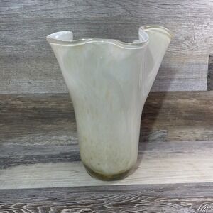 ART GLASS RUFFLED TOP VASE Yellow White Unmarked MCM Abstract Art